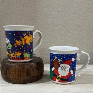 Festive  Vintage Santa and Reindeer Mugs - Set of 2